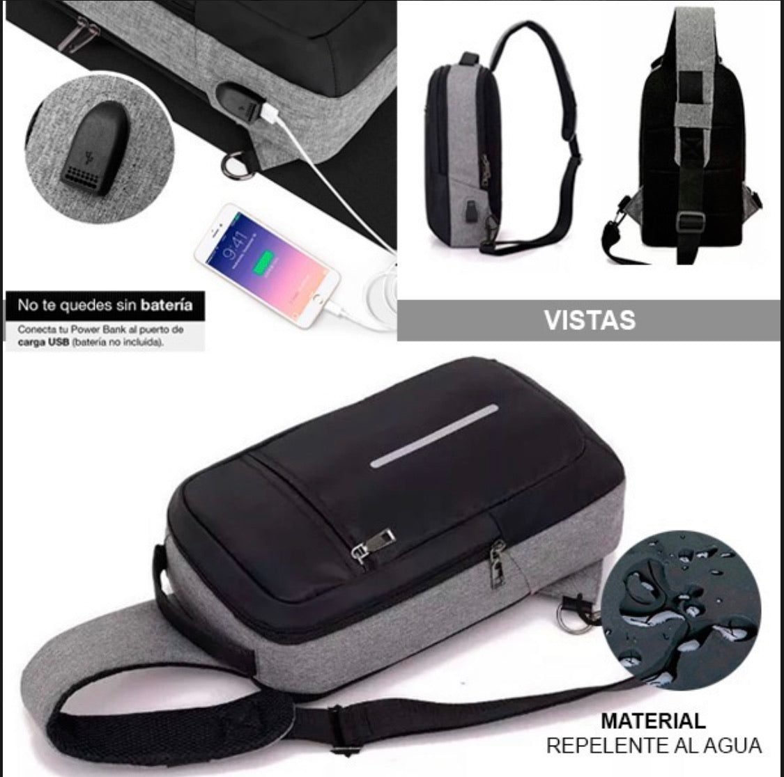 Mochila pechera antirrobo con puerto USB y cable integrado VE645 - foto 5