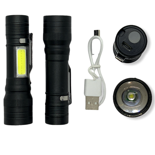 Mini linterna LED de 9 cm con zoom, luz lateral blanca y clip