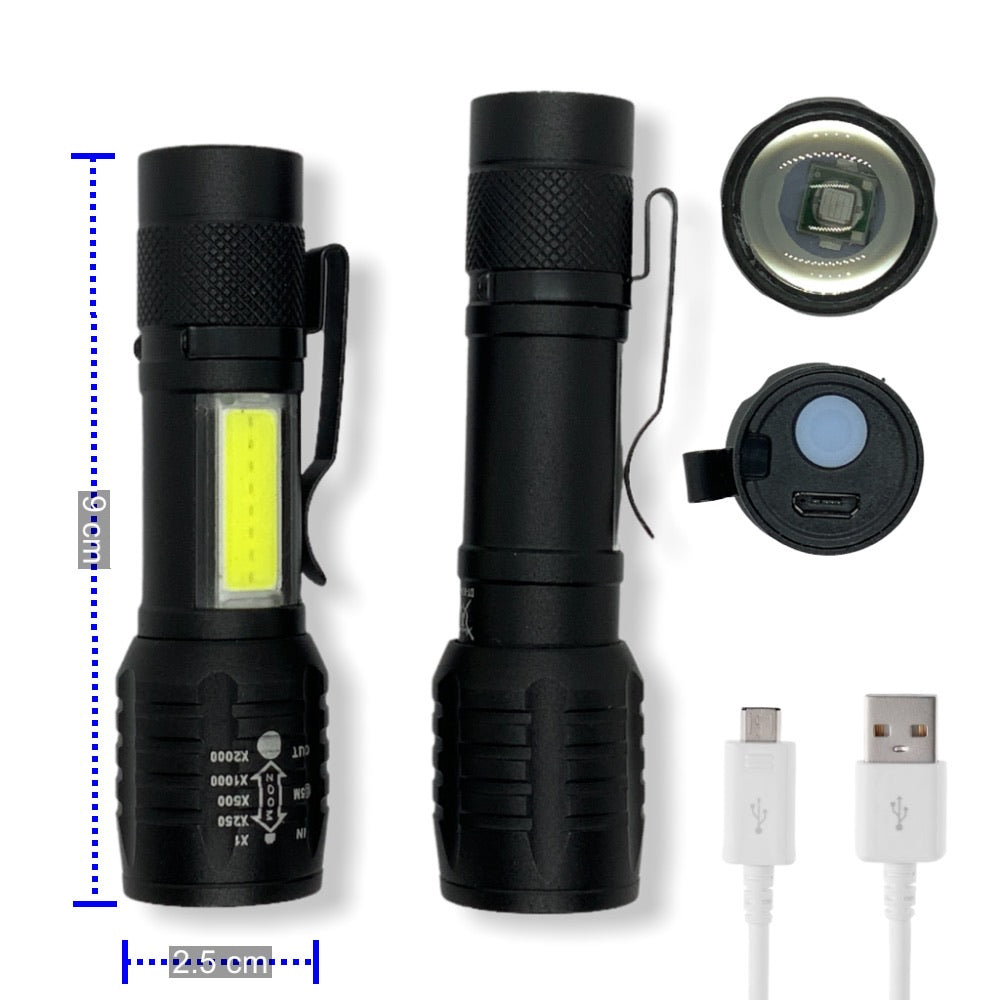 Mini linterna LED 1200 lúmenes con luz ultravioleta y lateral blanca
