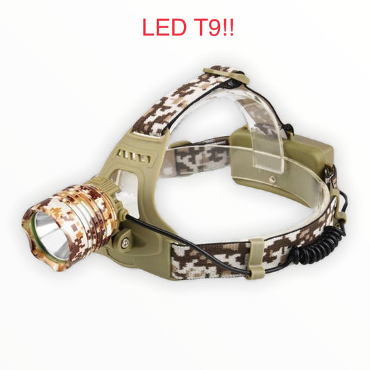 Lámpara de cabeza LED T9 con zoom y carga USB, modelo 402-T9