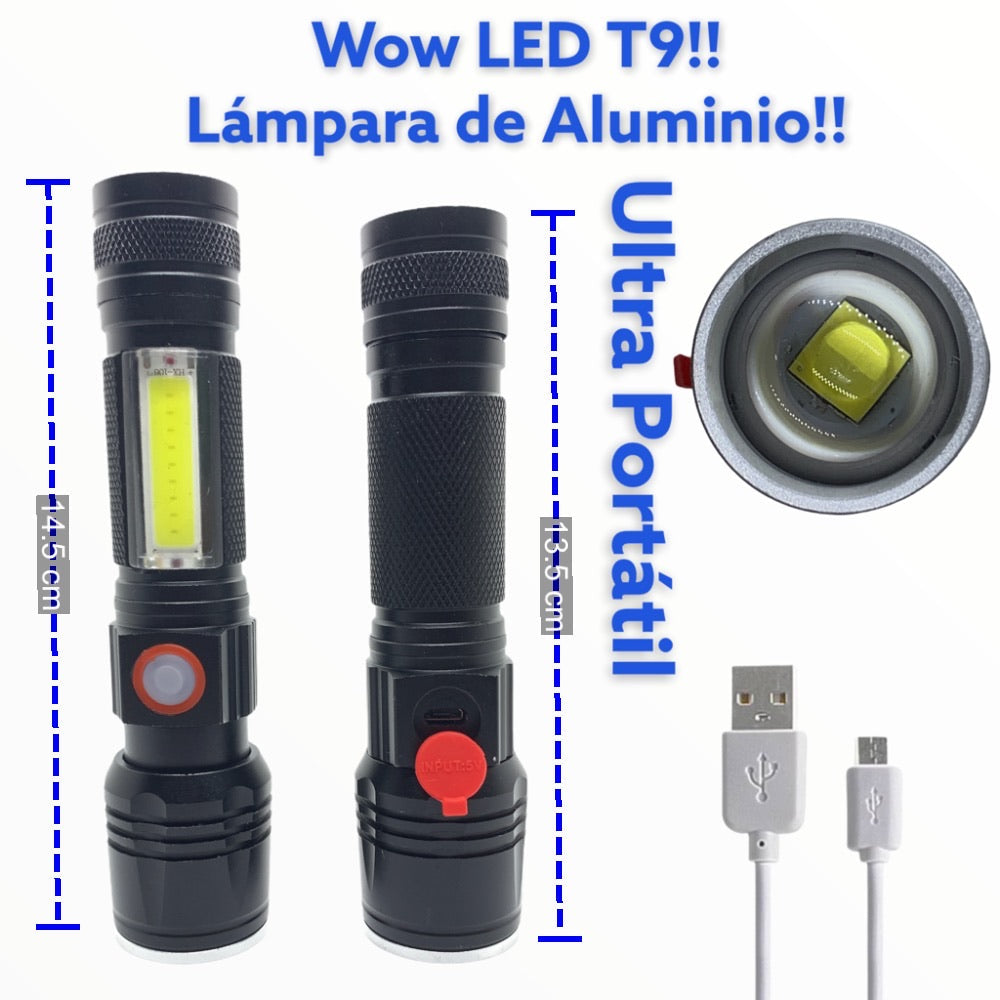Linterna de mano LED T9 con zoom, strobo y luz lateral COB