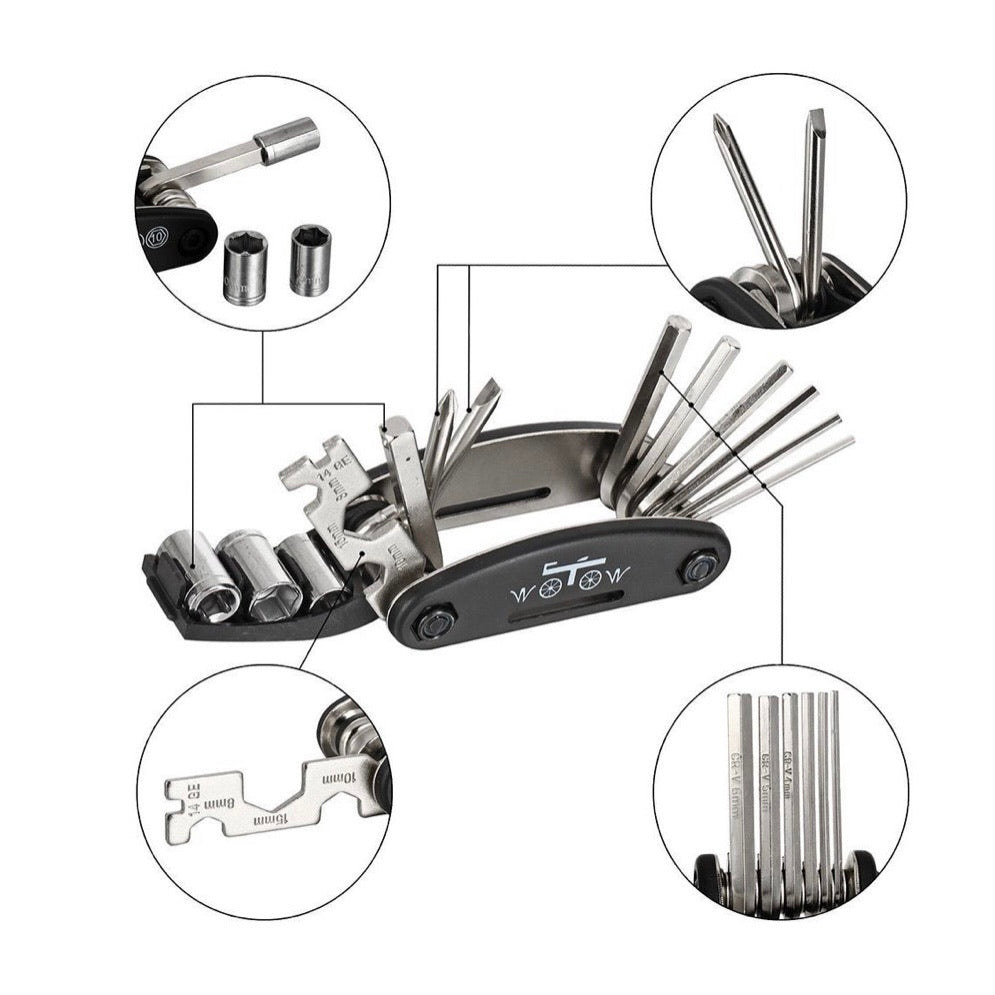 Kit de 16 herramientas para reparar la bicicleta en ruta