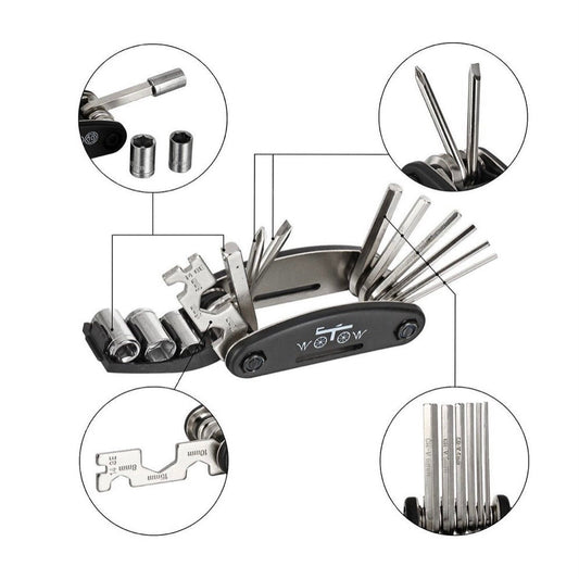 Kit de 16 herramientas para reparar la bicicleta en ruta