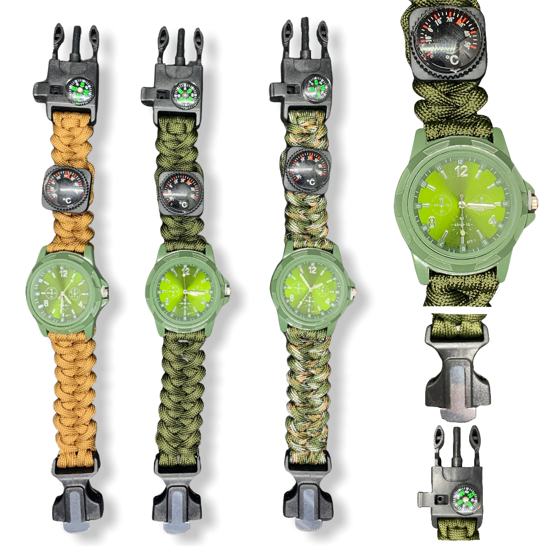 Reloj 7 en 1 de supervivencia con navaja, pedernal, silbato y brújula