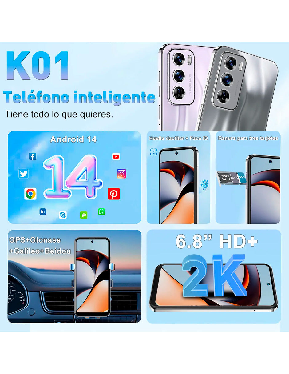 Smartphone K01  Robusto para Juegos Android 14  256 GB RAM, 16 GB ROM Gris