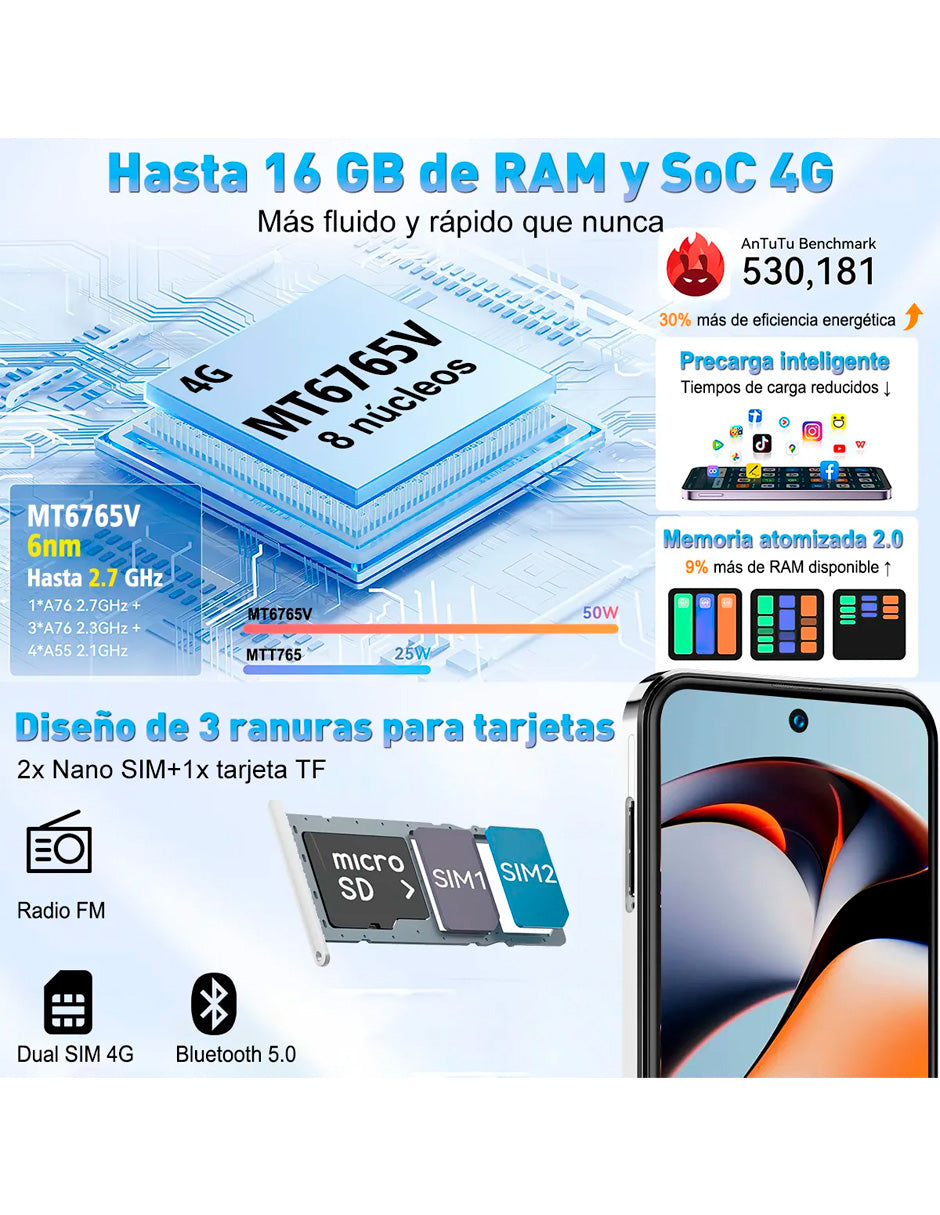 Smartphone K01  Robusto para Juegos Android 14  256 GB RAM, 16 GB ROM Gris