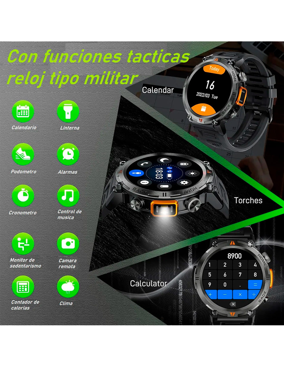 Smartwatch Ke3 Con Linterna Integrada Estilo Militar Uso Rudo Y Deportivo/ Llamadas/ Notificaciones